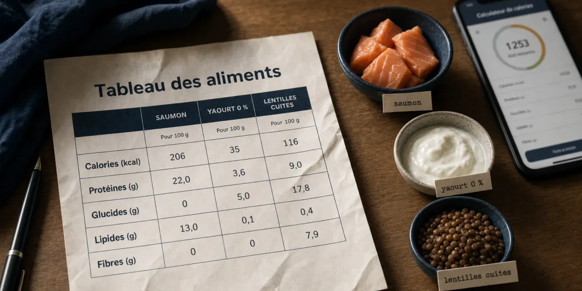 Tableau des aliments avec calories et protéines par portion
