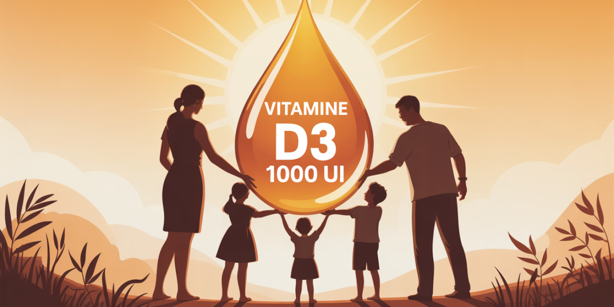 Famille tenant une goutte d'huile sous le soleil, vitamine D3 1000 UI