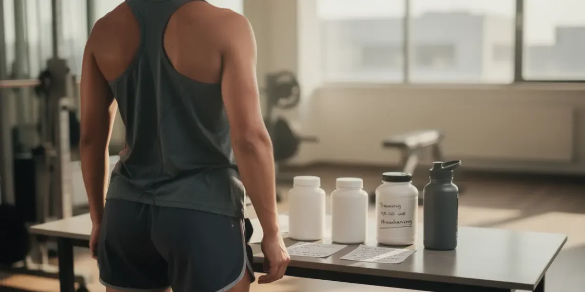personne de dos avec complements alimentaires et notes d'entrainement